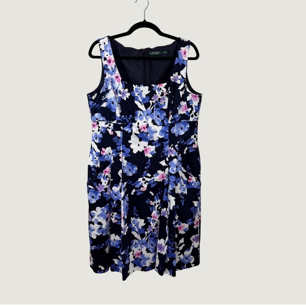 Lauren Ralph Lauren Floral Sheath Dress Pockets Navy Blue Garden Party Cotton 16
